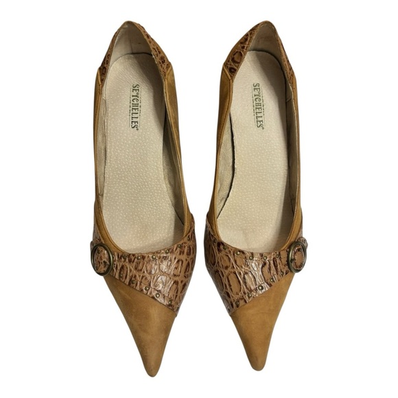 Seychelles Tan Suede Stiletto Heel Size 8.5 Croc Embossed Leather Accent Buckle - Picture 12 of 16